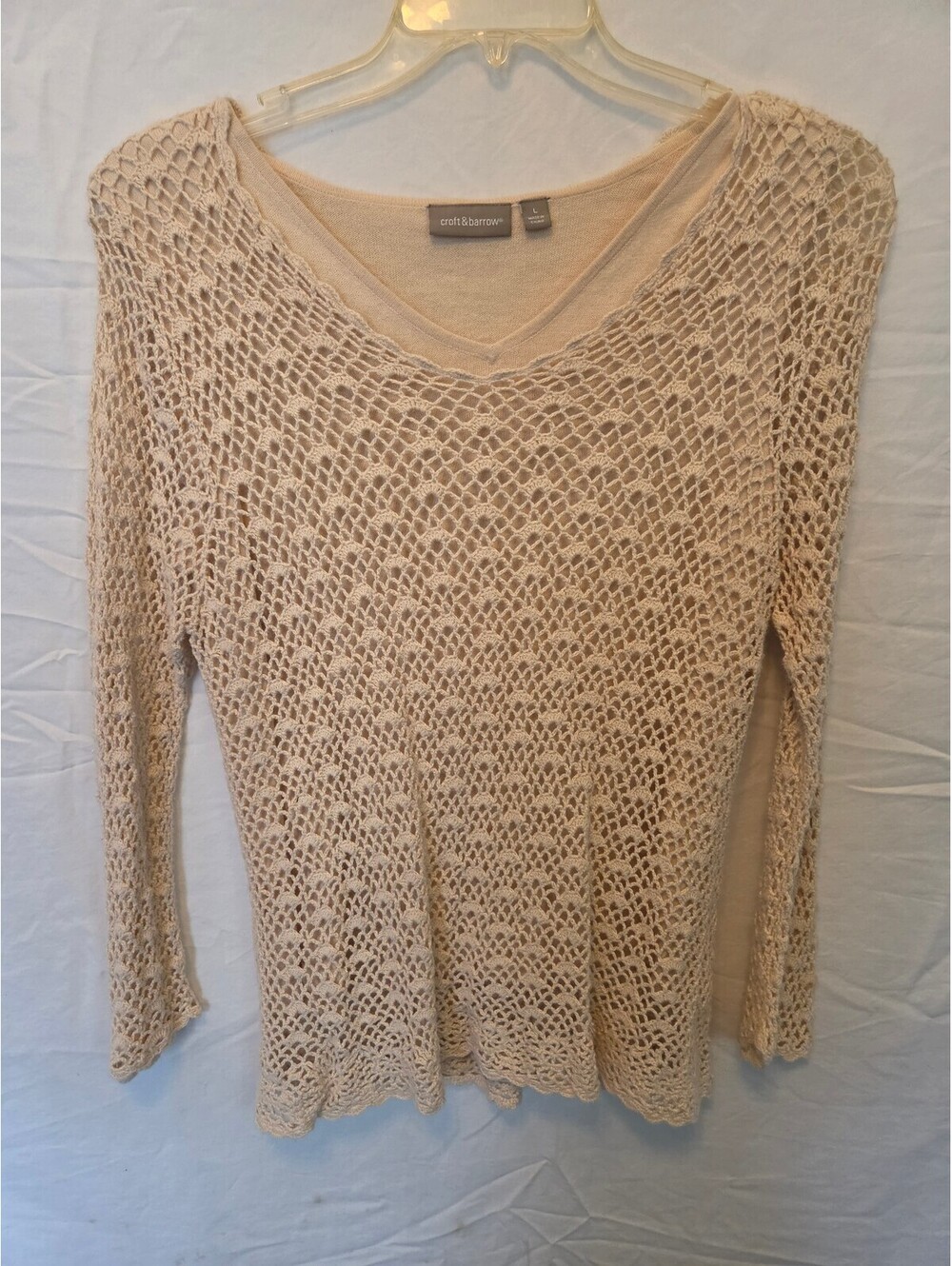 Croft & Barrow Women's Large Beige Open Knit Sweater with V-Neck, 55% Ramie and
